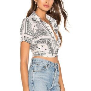JENELA TWIST FRONT SHIRT IN CREAM & BLACK SUPERDOWN REVOLVE